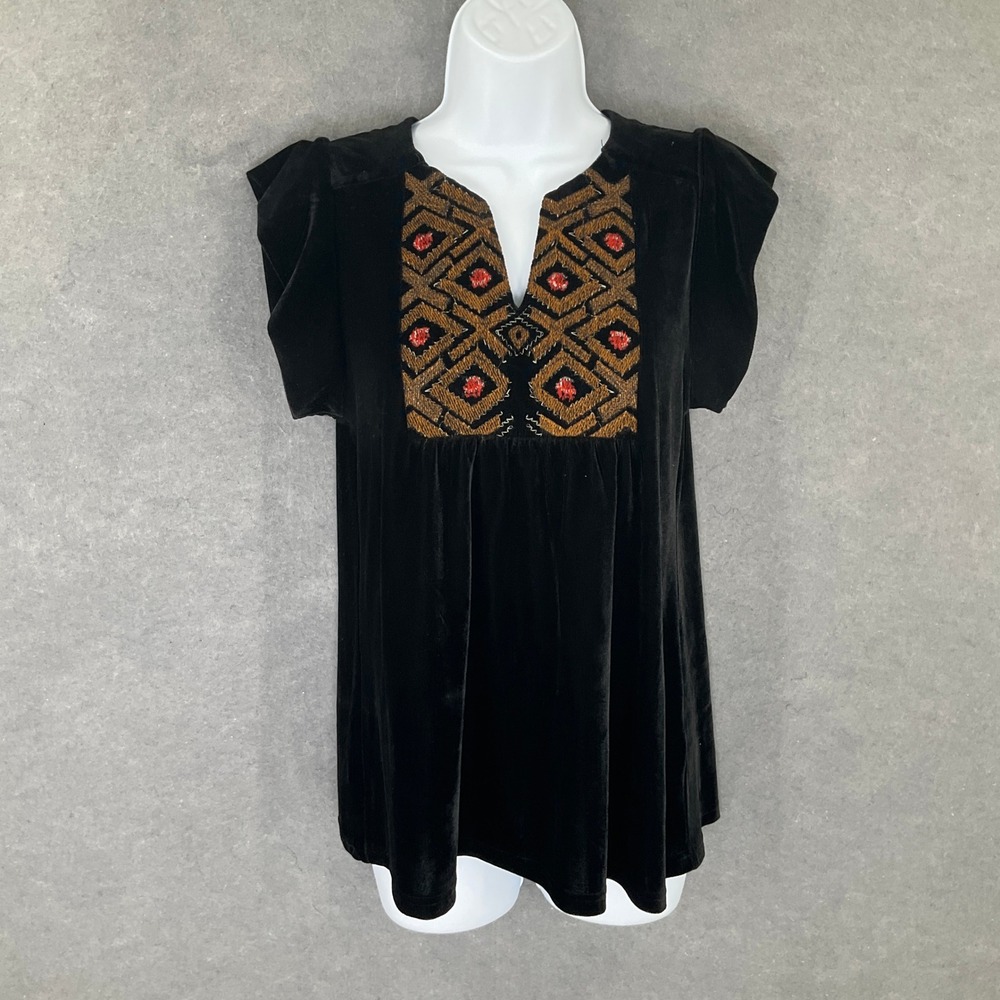 THML Top Womens XS Black Velvet Embroidered‎ Boho Anthropologie Holiday Elegant
